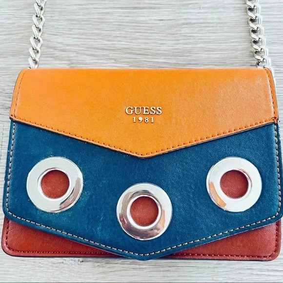 GUESS CROSSBODY BLUE &  TAN BROWN TAB BAG - Picture 2 of 15